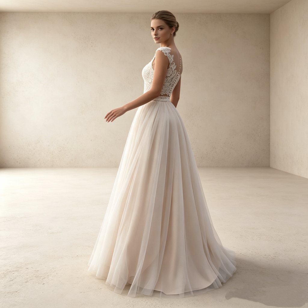 Elegantes Zweiteiler Abendkleid Weiß | Spitzen Crop Top mit Illusion-Ausschnitt und Voluminöser Soft-Tüllrock Bodenlang