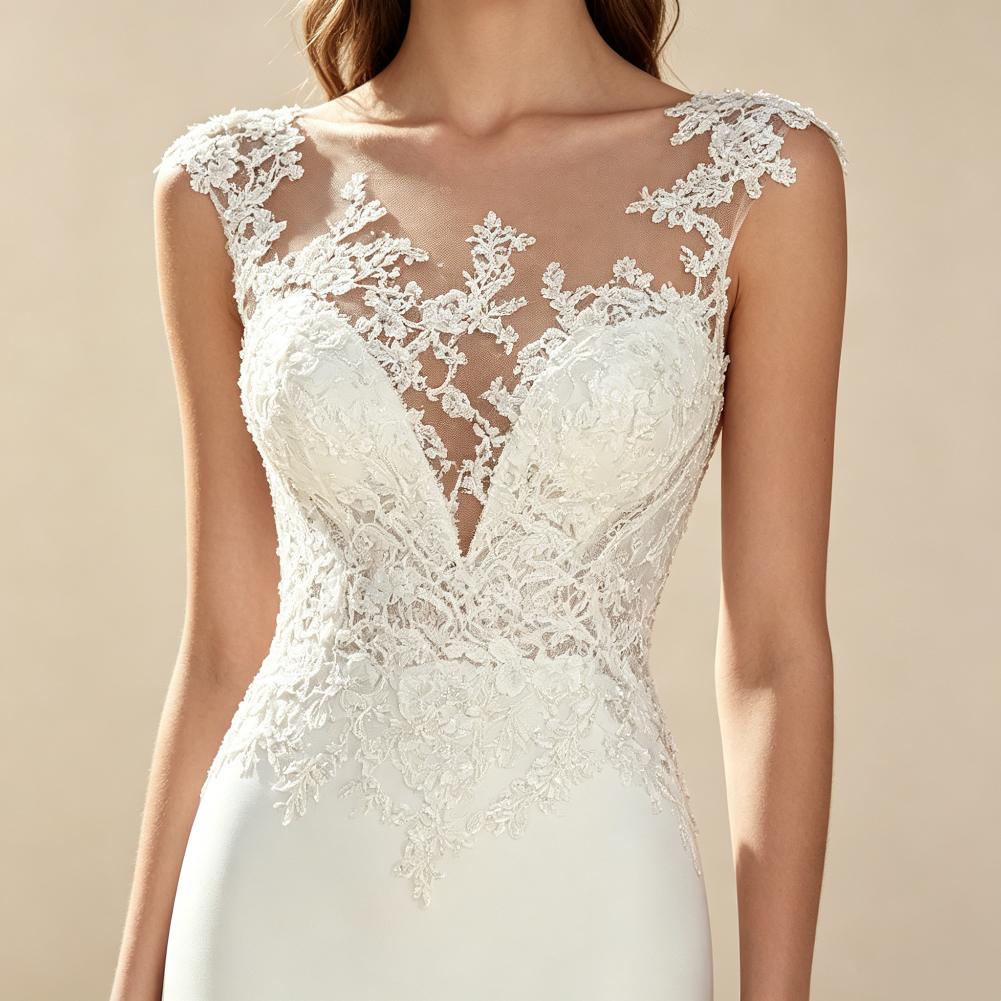 Elegantges Abendkleid lang mit Spitze | Ärmelloses Maxikleid Chiffon Weiß