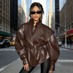 Damen Designer Lederjacke Dunkelbraun: Extravaganter Doppelkragen, Taillierter Schnitt mit Gummizug, Futuristische Optik, Ganzjährig S-L