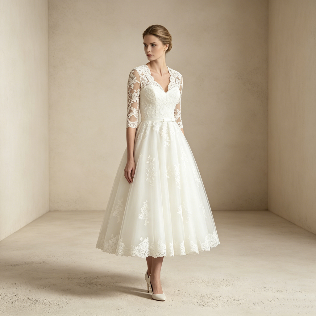 Elegantes Midi-Festkleid in A-Linie | Weißes Kleid mit Spitzenoberteil und V-Ausschnitt