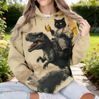 Oversize Hoodie Damen Sandbeige: Lustiger Kapuzenpullover mit Japan-Print, Schwarze Katze auf Dinosaurier im Ukiyo-e Stil, Casual Sweatshirt, Ganzjährig S-5XL