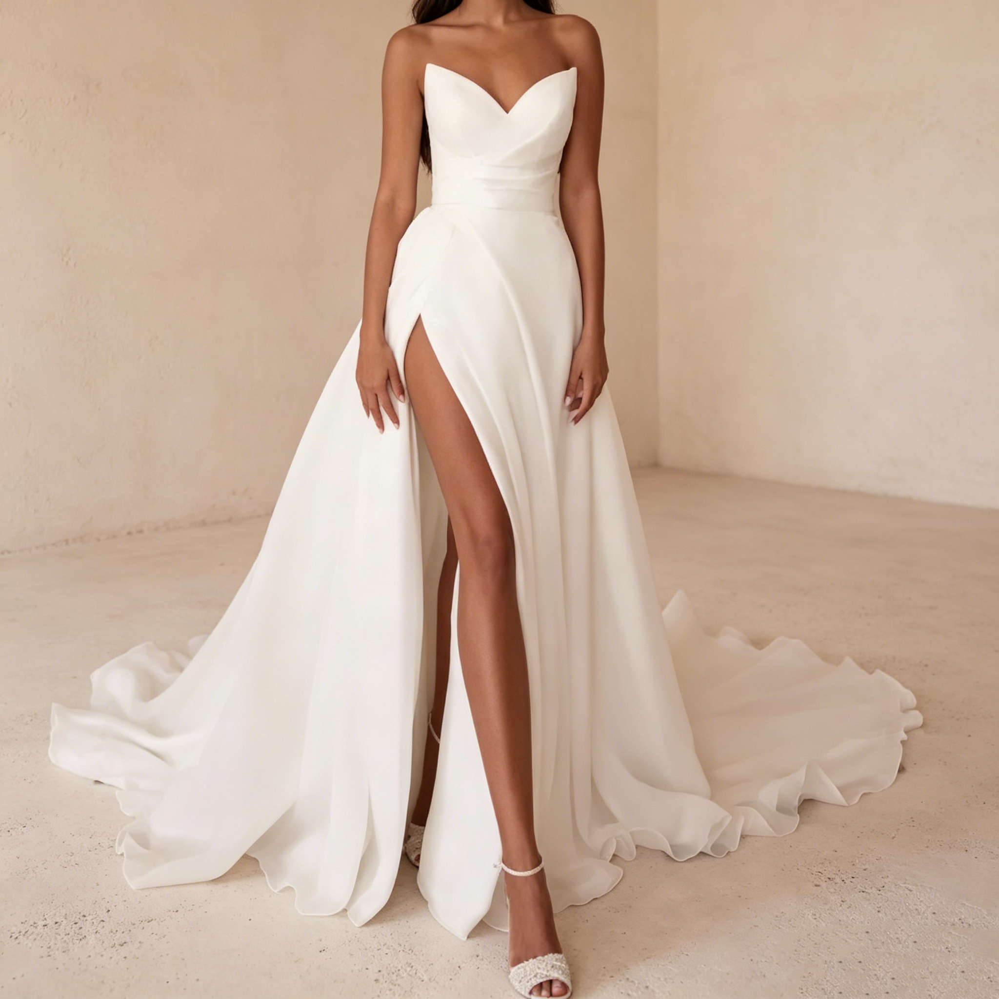 Eleganteste A-Linien Abendkleid aus Satin mit Beinschlitz, Herz-Ausschnitt, Bodenlang Gala Kleid mit Schleppe Weiß