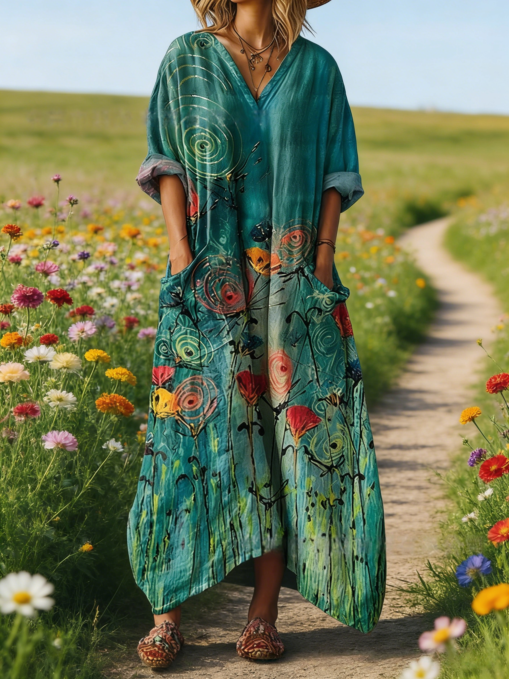 Damen Boho-Maxikleid im Vintage-Stil Petrol: Kunstvoller Mohnblumen-Print & Gold-Spiralen, V-Ausschnitt & Praktische Taschen, Bequeme Passform, Ganzjährig S-5XL