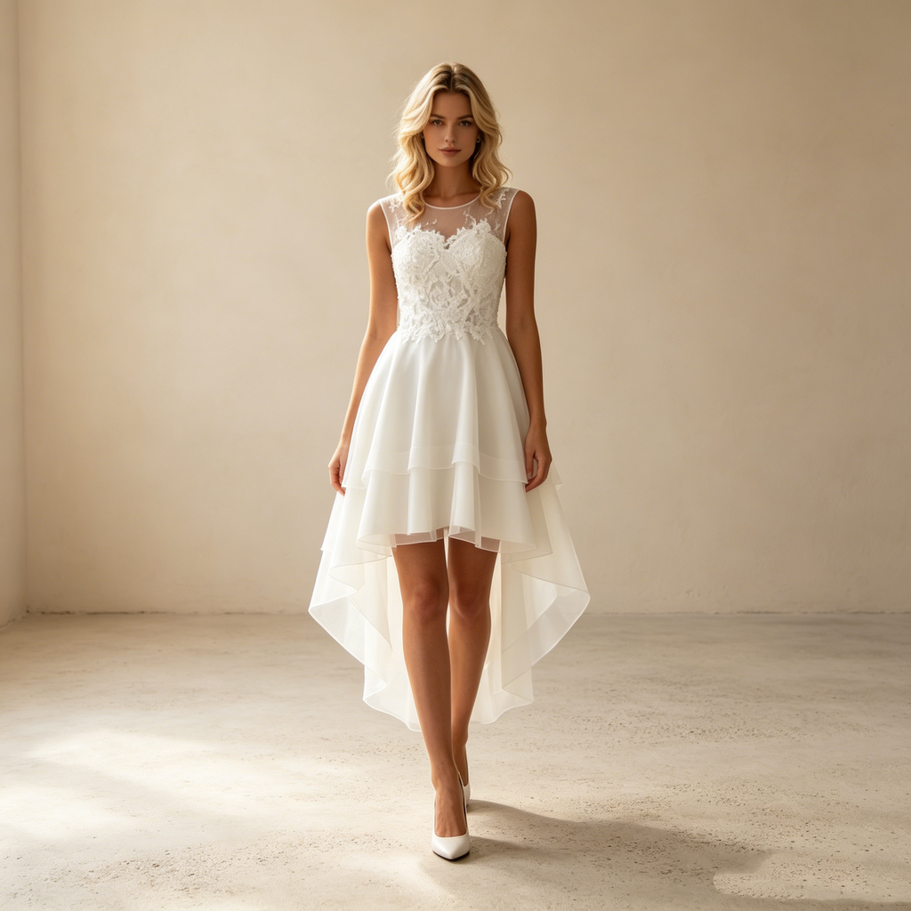 Elegantes Vokuhila Abendkleid in Weiß – Schickes Festkleid mit Spitzen-Oberteil