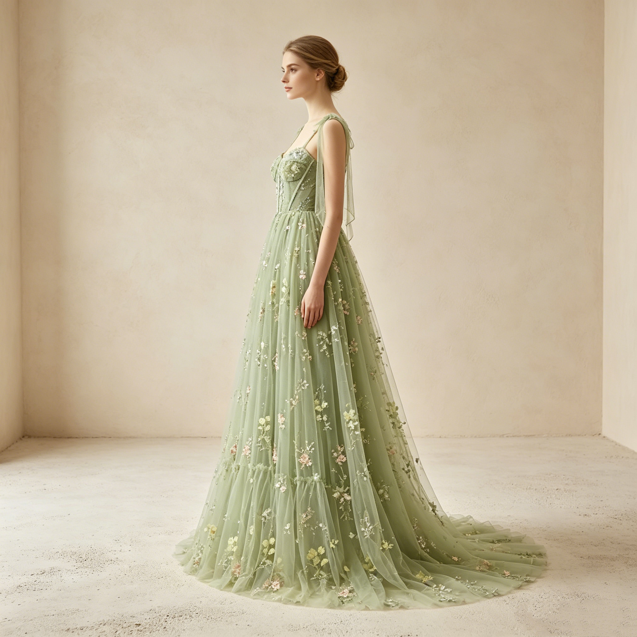 Elegantes Abendkleid lang mit Blumenstickerei | Salbeigrün Festkleid Tüll