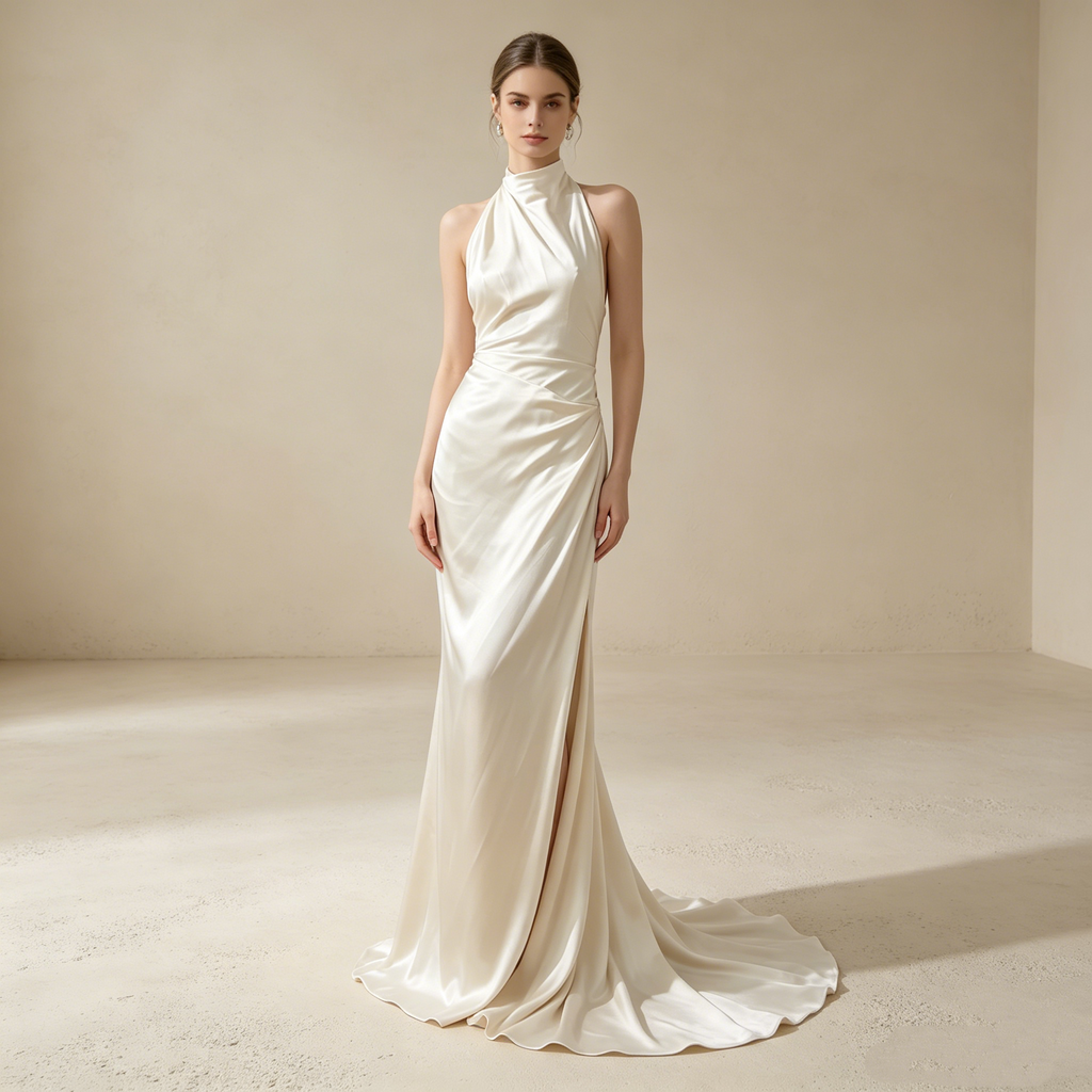 Halterneck Satin Abendkleid Elegant Maxi mit Schleppe Neckholder Ballkleid Ärmellos Bodenlang für Damen S-L - Auf Lager