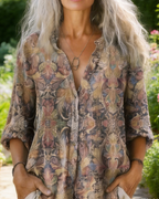 Boho Bluse Damen Braun: Vintage Barock-Print, Reverskragen, Loose Fit, S-5XL,Ganzjährig