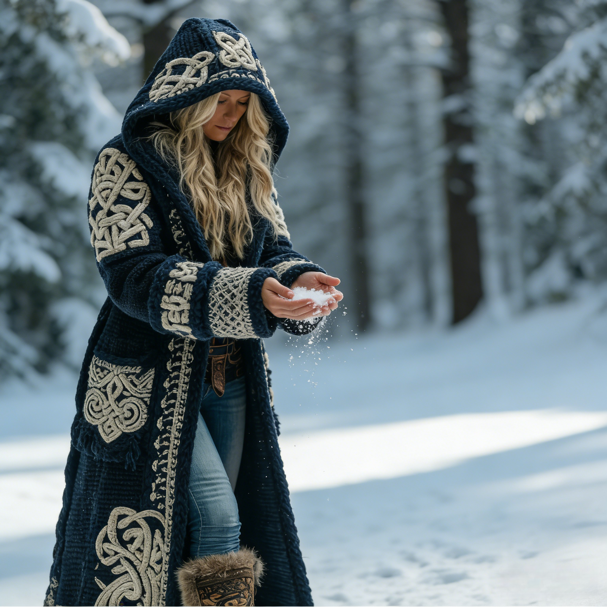 Damen Keltischer-Knoten-Kunst Kapuzen Strickjacke Size S-5XL/Blue