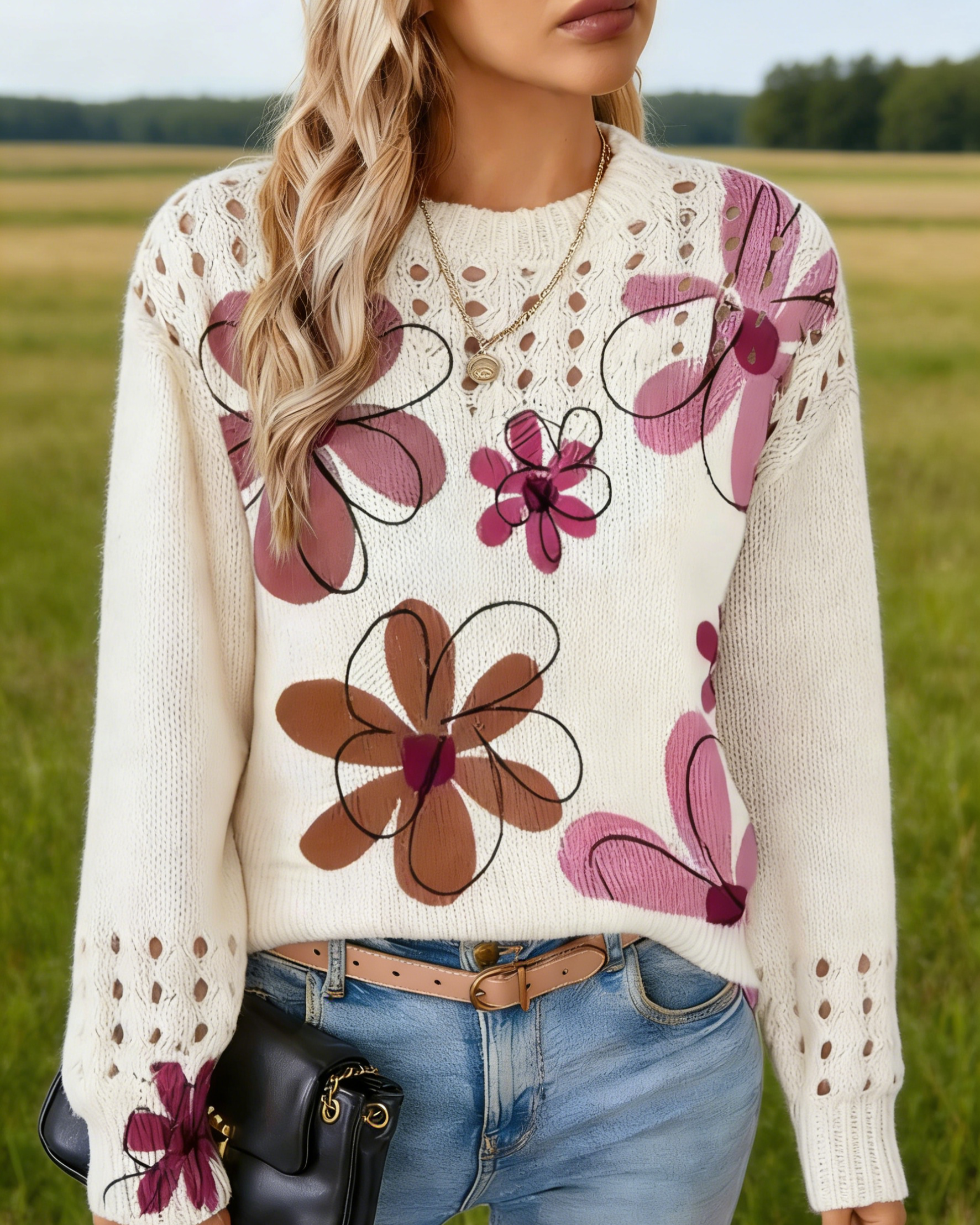 Damen Strickpullover Beige: Altrosa Blumen-Print mit Ajour-Strick, Elegantes Lochmuster Oberteil für Frühling, Herbst & Winter S-4XL