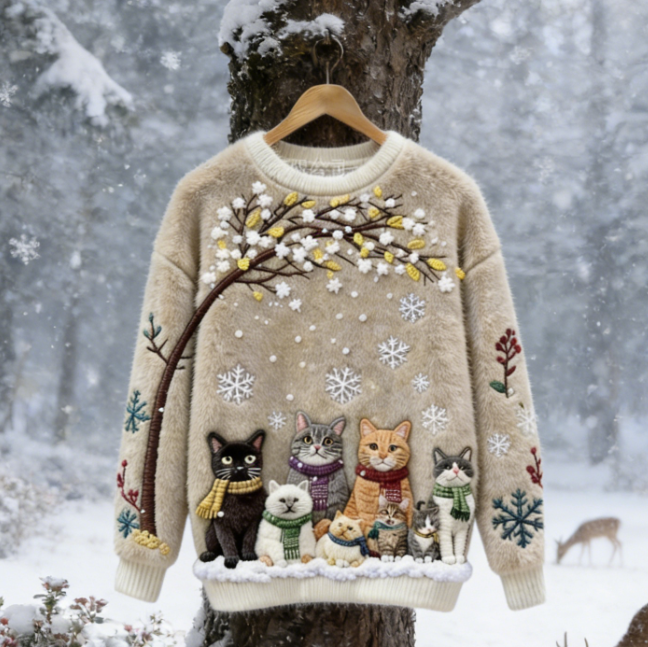 Christmas Cats Stickerei Damen Gemütlicher Weihnachts-Katzen Flauschpullover Sise to 5XL/Beige
