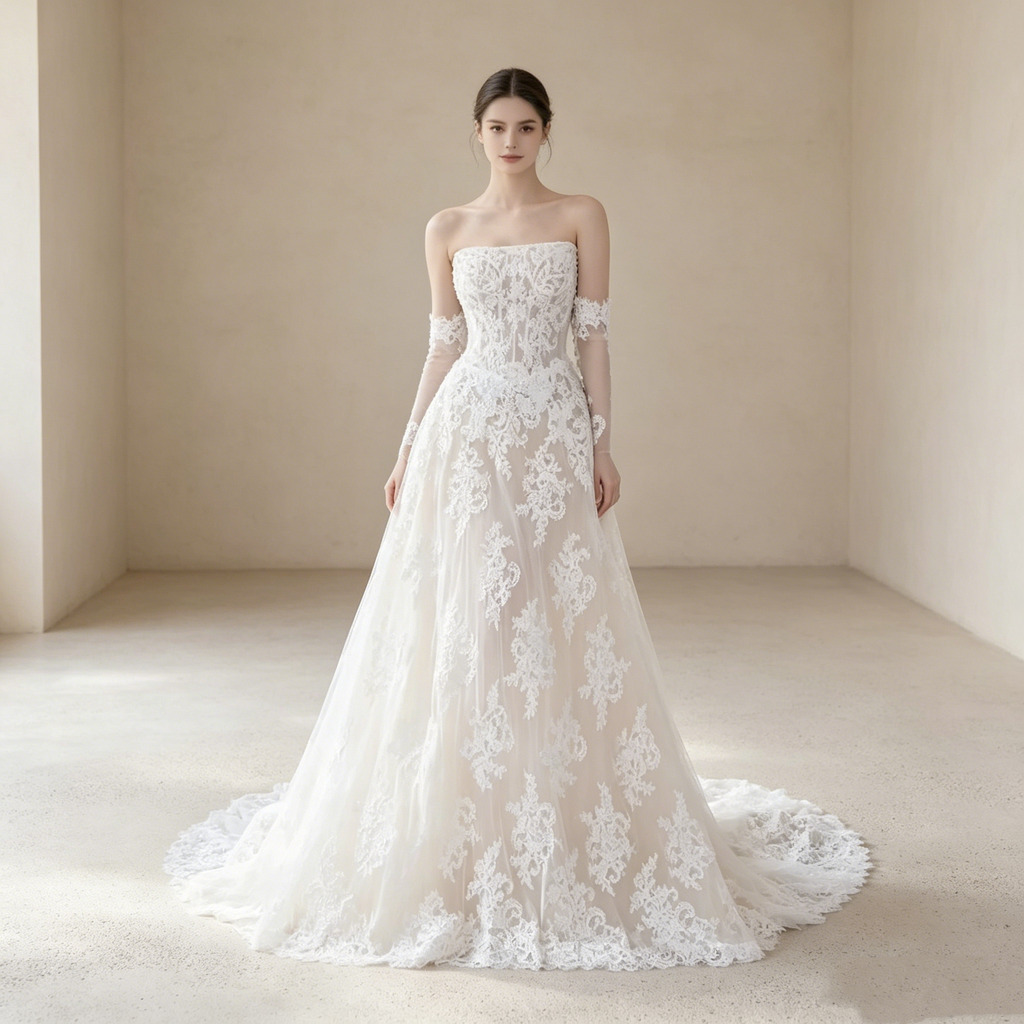 Trägerloses Abendkleid mit Spitze und Schleppe – A-Linien Maxikleid in Elfenbein