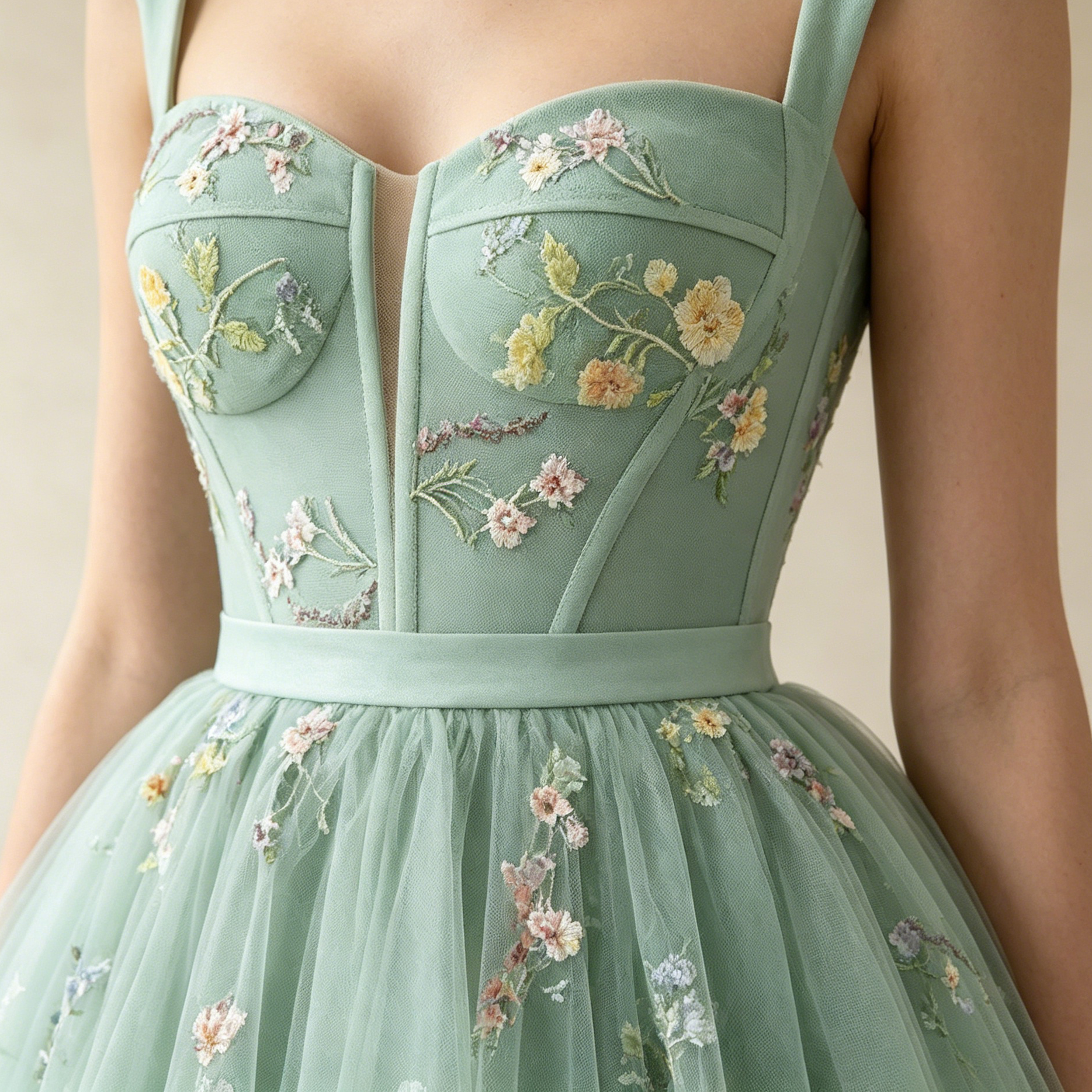 Elegantes Cocktailkleid kurz mit Blumenstickerei | Florales Tüll-Minikleid