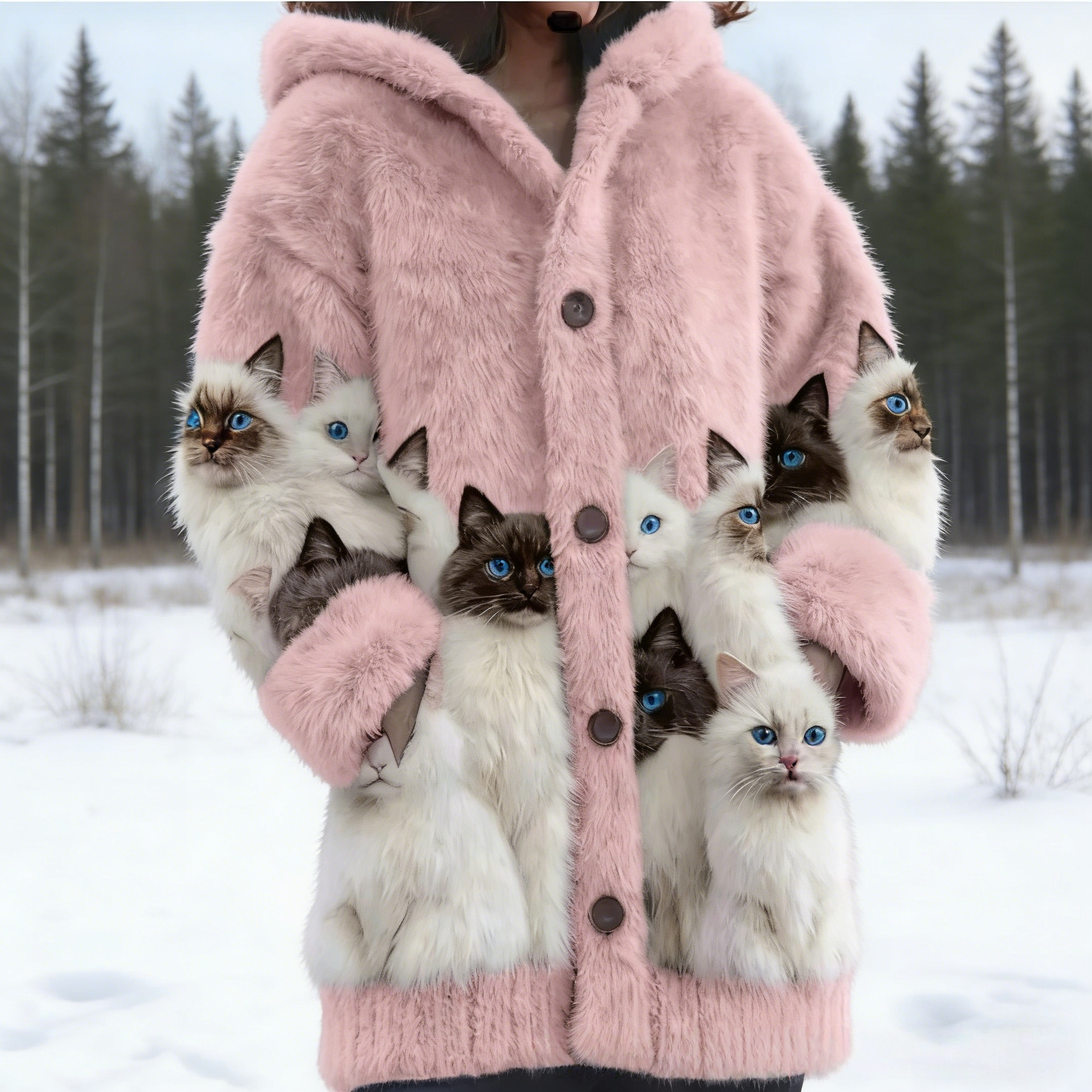 Flauschige Damen Winterjacke mit 3D-Katzen: Teddy-Fleece, Warm & Niedlich, S-5XL