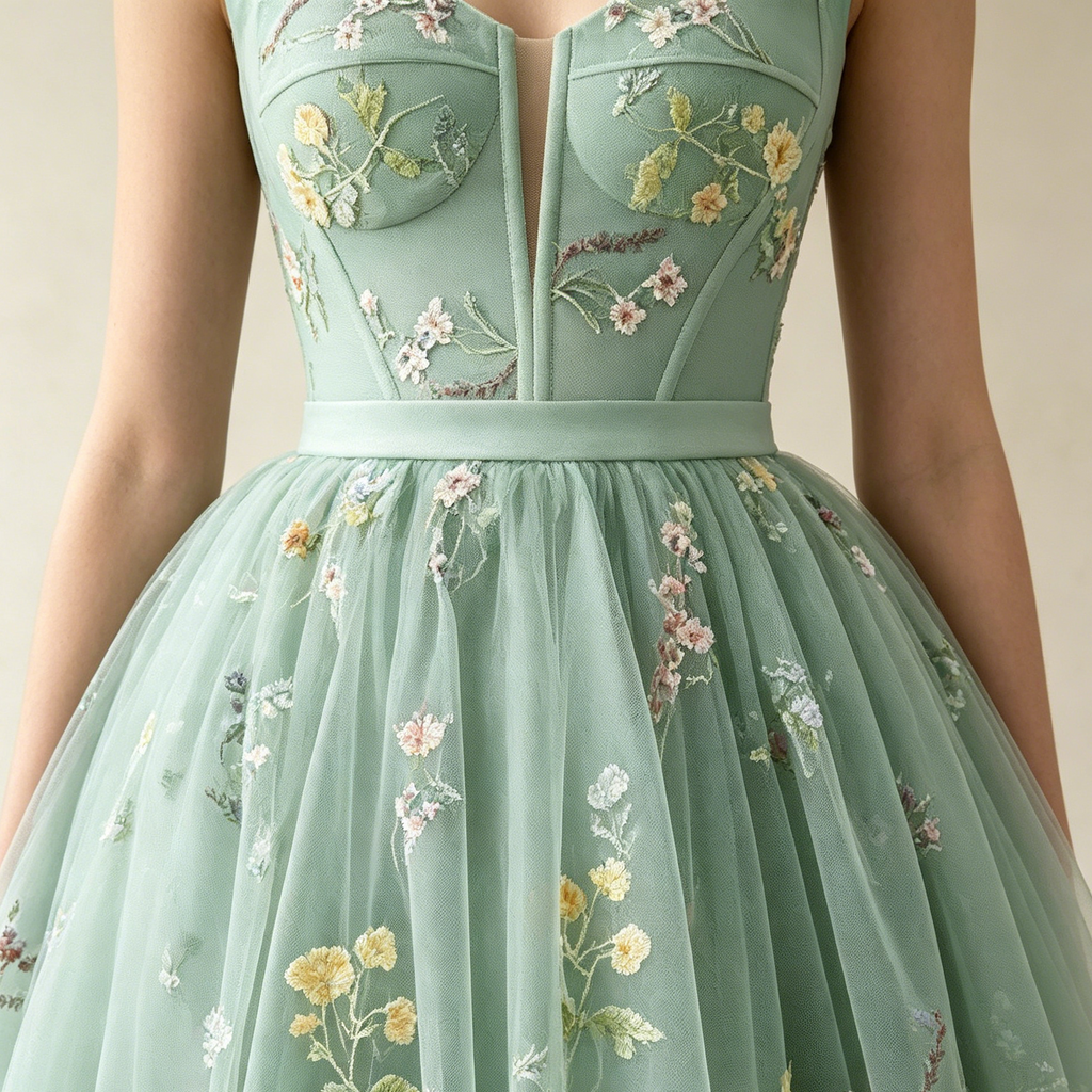Elegantes Cocktailkleid kurz mit Blumenstickerei | Florales Tüll-Minikleid
