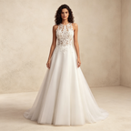 Elegantes Neckholder Abendkleid Weiß in A-Linie | Ärmellos Maxikleid mit Barocker Spitzenstickerei und Fließendem Tüllrock