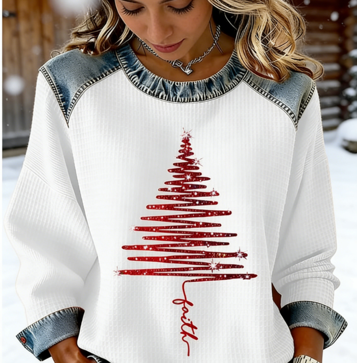 Damen Weihnachts-Waffle Print Rundhals Freizeitshirt