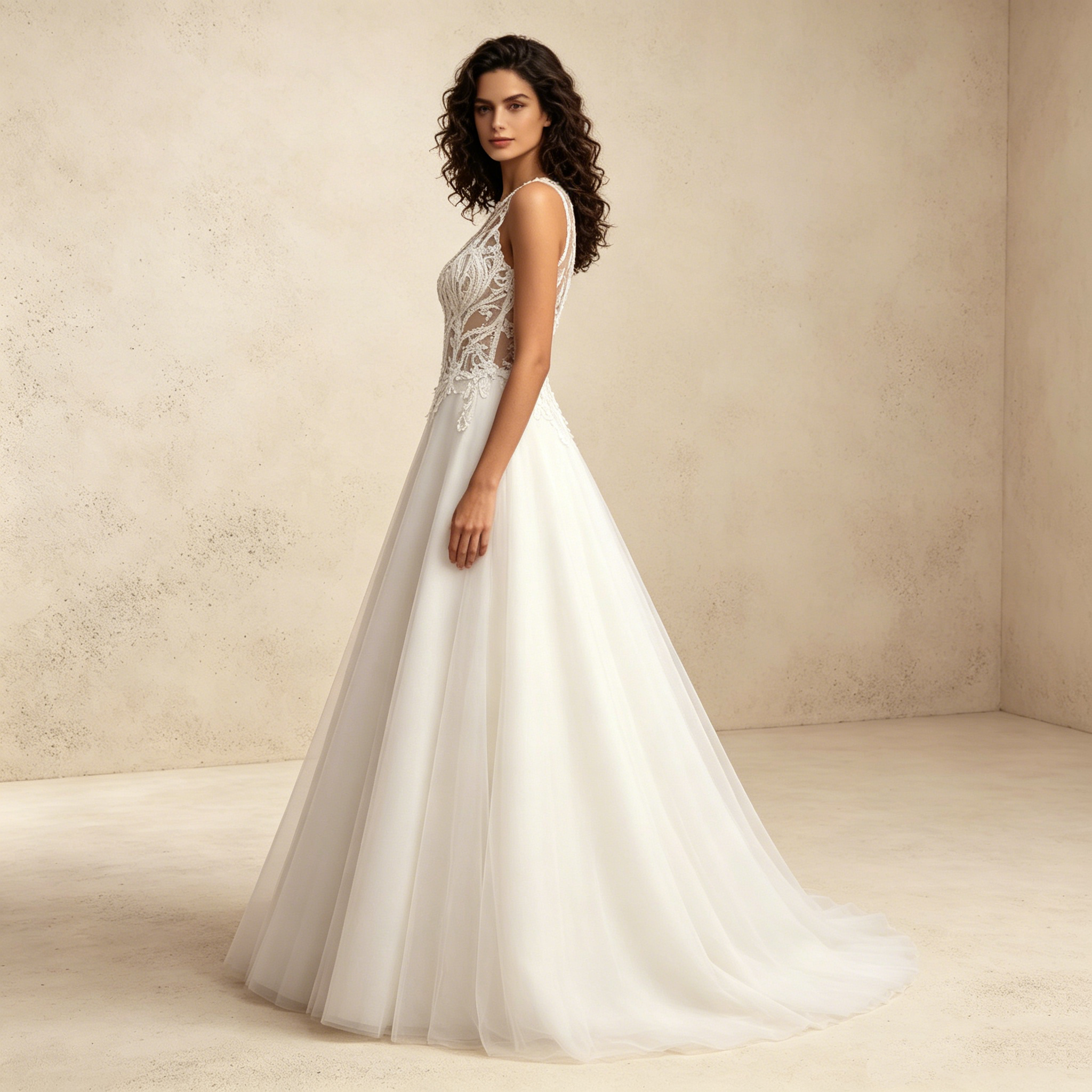 Elegantes Neckholder Abendkleid Weiß in A-Linie | Ärmellos Maxikleid mit Barocker Spitzenstickerei und Fließendem Tüllrock