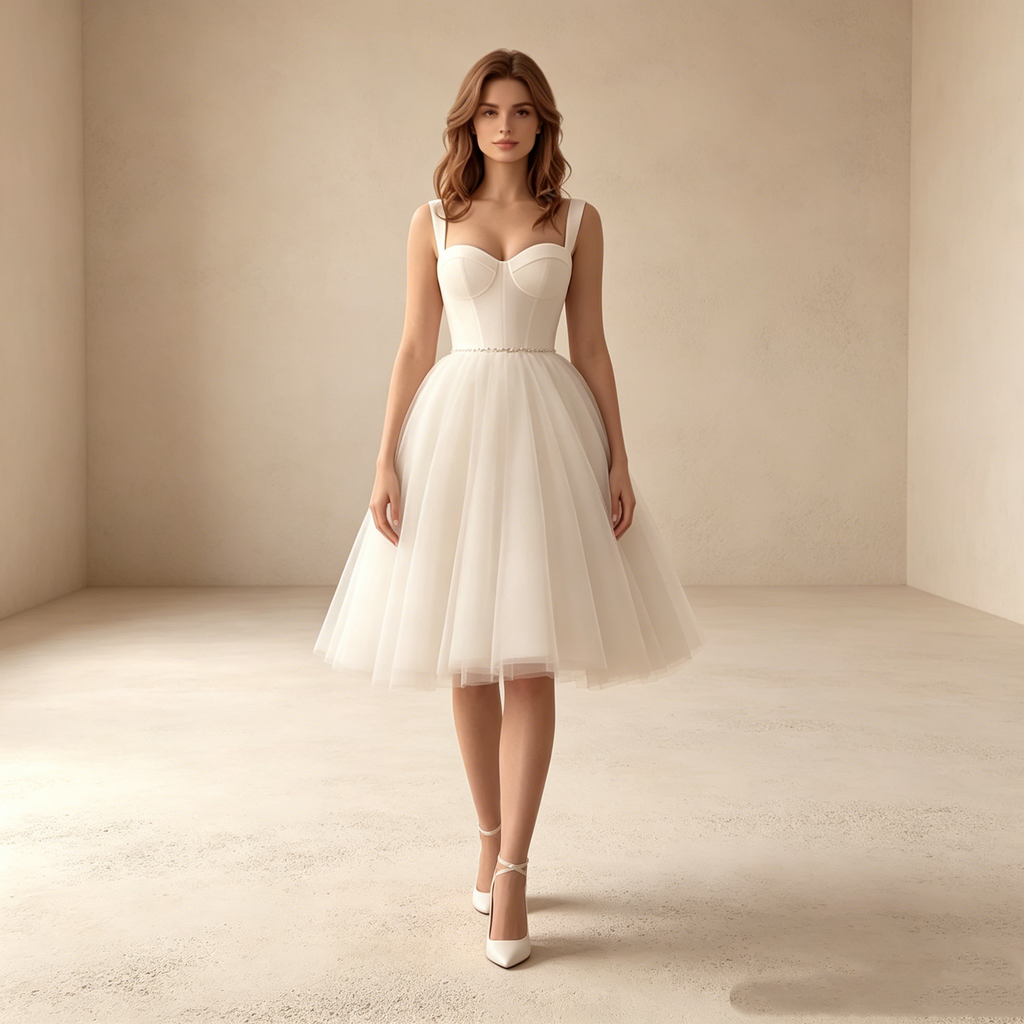 Elegantes Tüll Cocktailkleid weiß mit Herz-Ausschnitt | Midi Partykleid