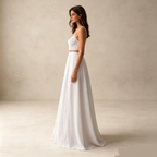 Elegantes Zweiteiler Abendkleid Weiß | Spitzen Spaghettiträger Top und Fließender Maxi-Rock mit Transparentem Einschnitt