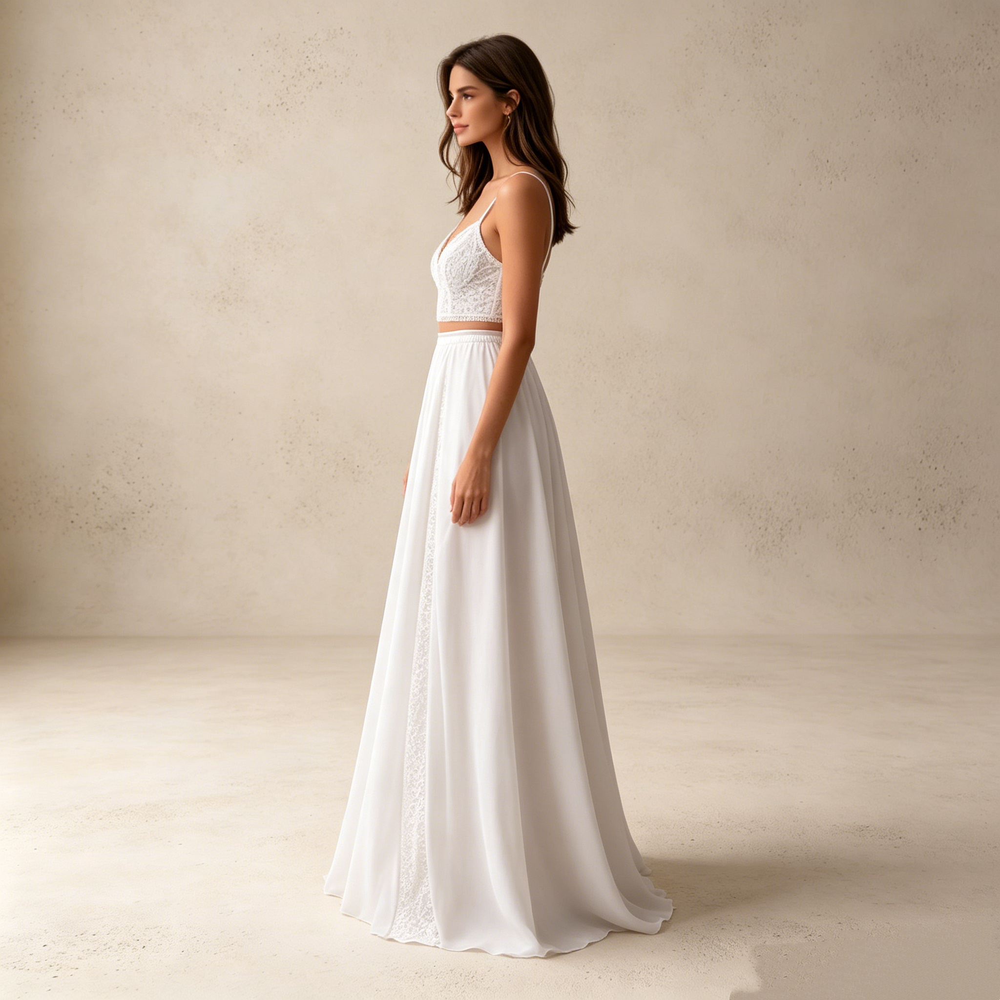 Elegantes Zweiteiler Abendkleid Weiß | Spitzen Spaghettiträger Top und Fließender Maxi-Rock mit Transparentem Einschnitt