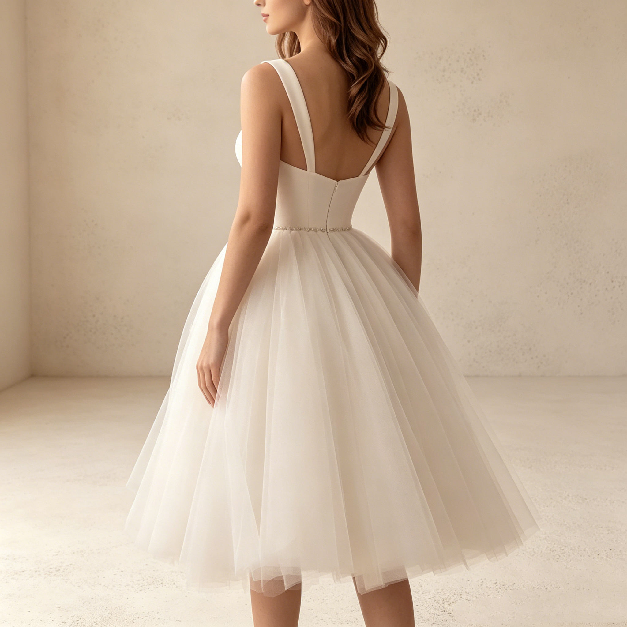 Elegantes Tüll Cocktailkleid weiß mit Herz-Ausschnitt | Midi Partykleid