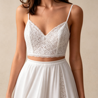 Elegantes Zweiteiler Abendkleid Weiß | Spitzen Spaghettiträger Top und Fließender Maxi-Rock mit Transparentem Einschnitt