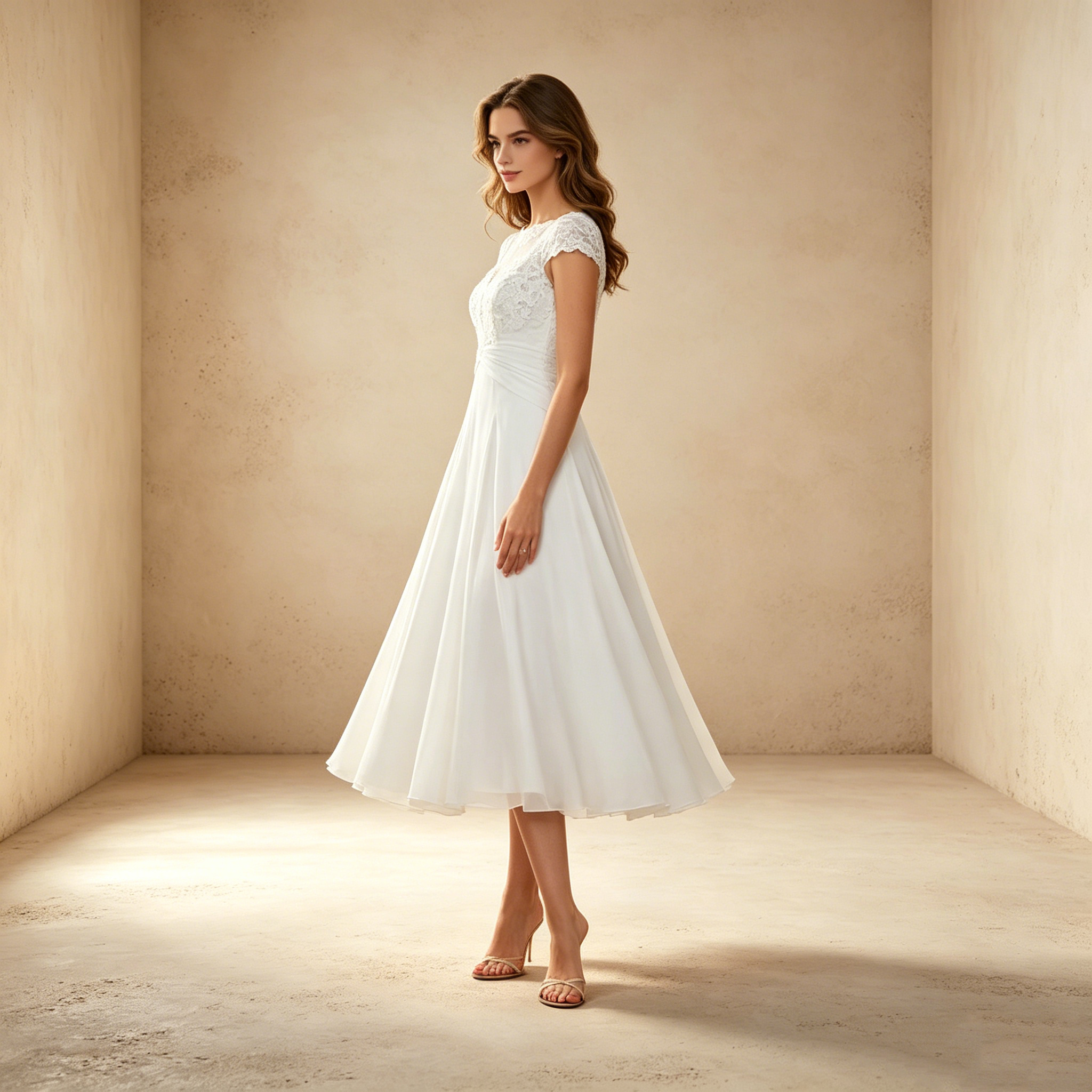 Elegantes Midi Abendkleid Weiß in A-Linie | Chiffonrock Knielang mit Feiner Spitzenstickerei und Klassischen Cap-Ärmeln