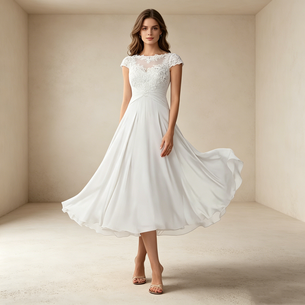 Elegantes Midi Abendkleid Weiß in A-Linie | Chiffonrock Knielang mit Feiner Spitzenstickerei und Klassischen Cap-Ärmeln
