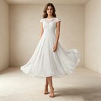Elegantes Midi Abendkleid Weiß in A-Linie | Chiffonrock Knielang mit Feiner Spitzenstickerei und Klassischen Cap-Ärmeln