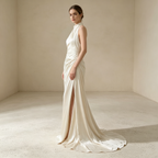 Halterneck Satin Abendkleid Elegant Maxi mit Schleppe Neckholder Ballkleid Ärmellos Bodenlang für Damen S-L - Auf Lager