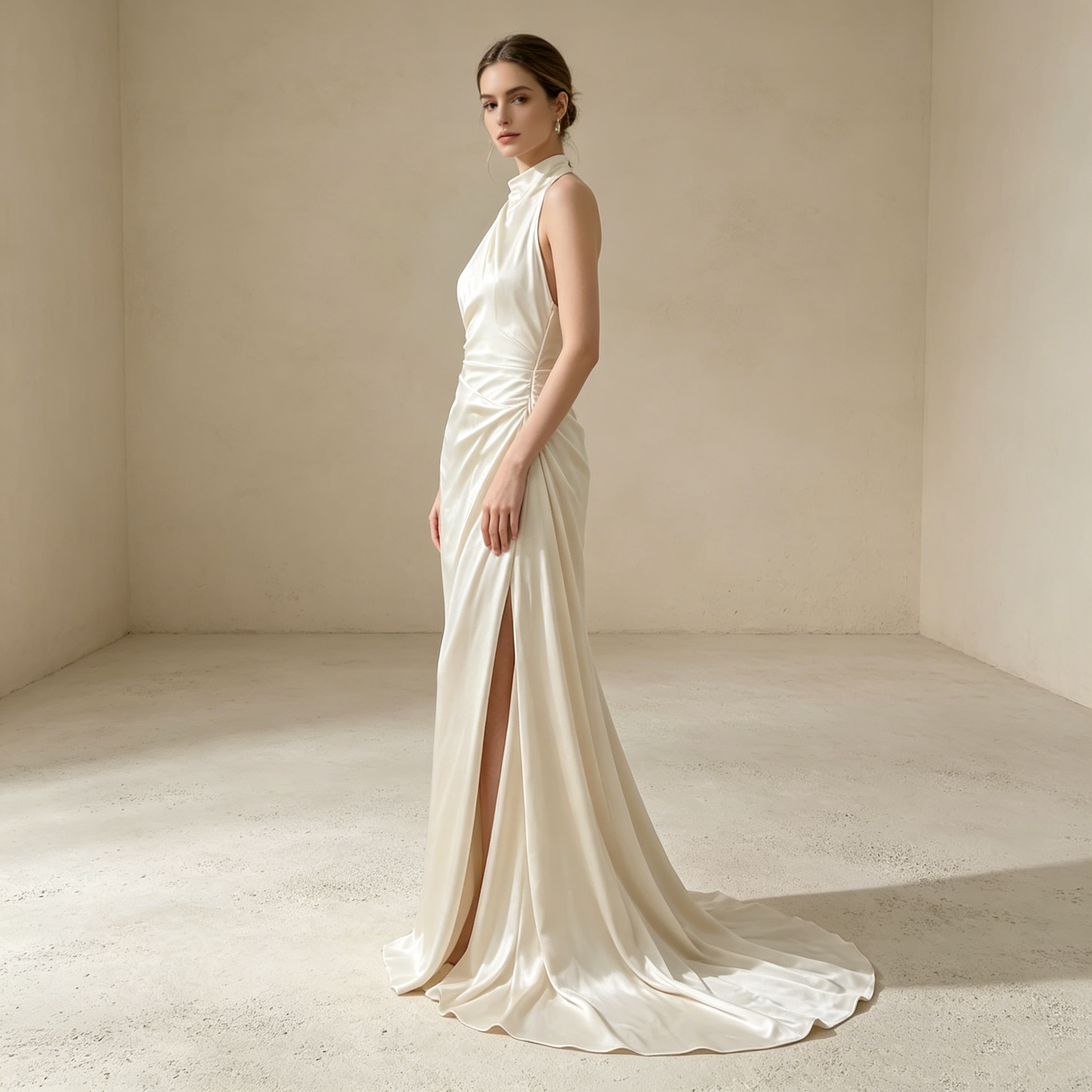 Halterneck Satin Abendkleid Elegant Maxi mit Schleppe Neckholder Ballkleid Ärmellos Bodenlang für Damen S-L - Auf Lager