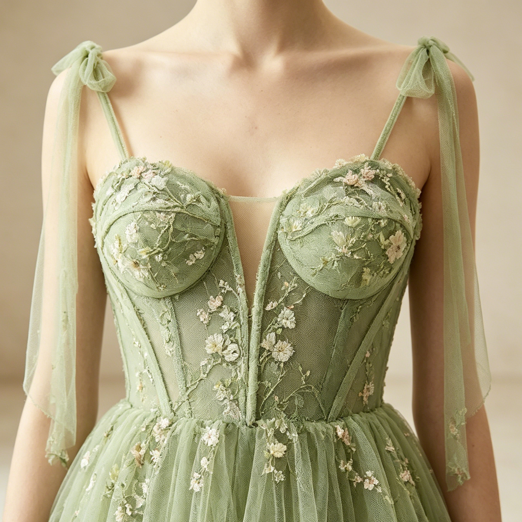 Elegantes Abendkleid lang mit Blumenstickerei | Salbeigrün Festkleid Tüll