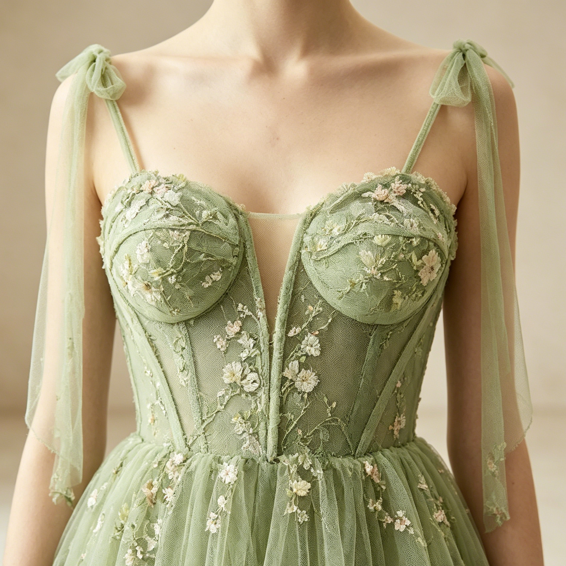 Elegantes Abendkleid lang mit Blumenstickerei | Salbeigrün Festkleid Tüll