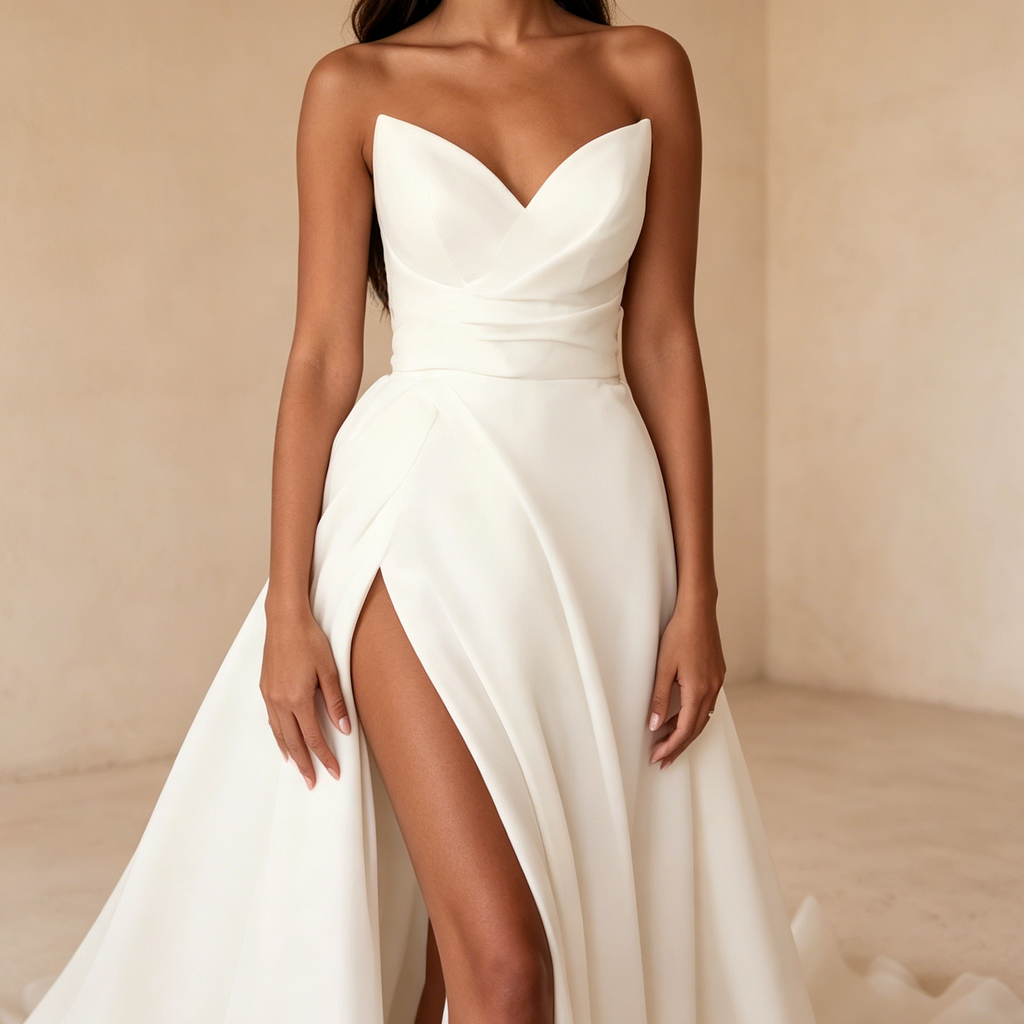 Eleganteste A-Linien Abendkleid aus Satin mit Beinschlitz, Herz-Ausschnitt, Bodenlang Gala Kleid mit Schleppe Weiß