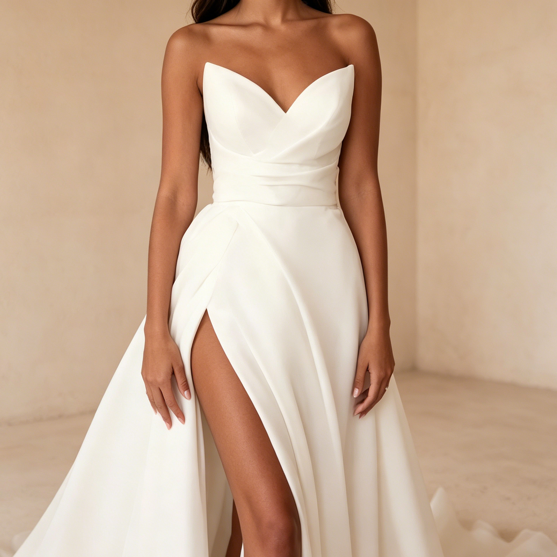 Eleganteste A-Linien Abendkleid aus Satin mit Beinschlitz, Herz-Ausschnitt, Bodenlang Gala Kleid mit Schleppe Weiß