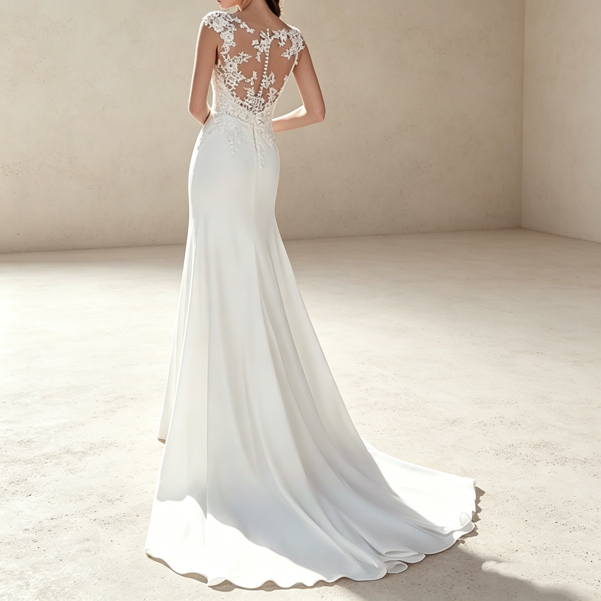 Elegantges Abendkleid lang mit Spitze | Ärmelloses Maxikleid Chiffon Weiß