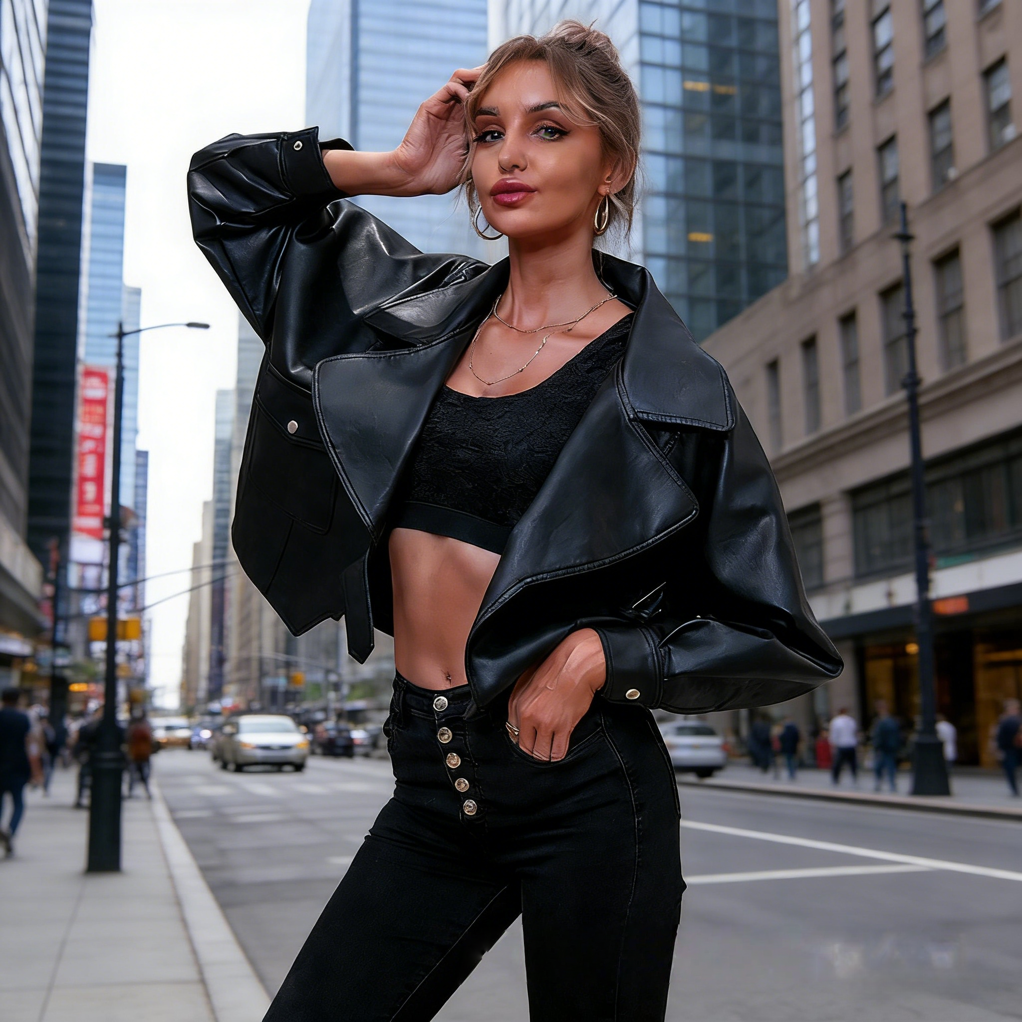 Damen Lederjacke Schwarz: Kurze Cropped Bikerjacke mit Reverskragen, Oversize-Schnitt im Vintage-Stil, Lockerer Sitz, Ganzjährig S-XL