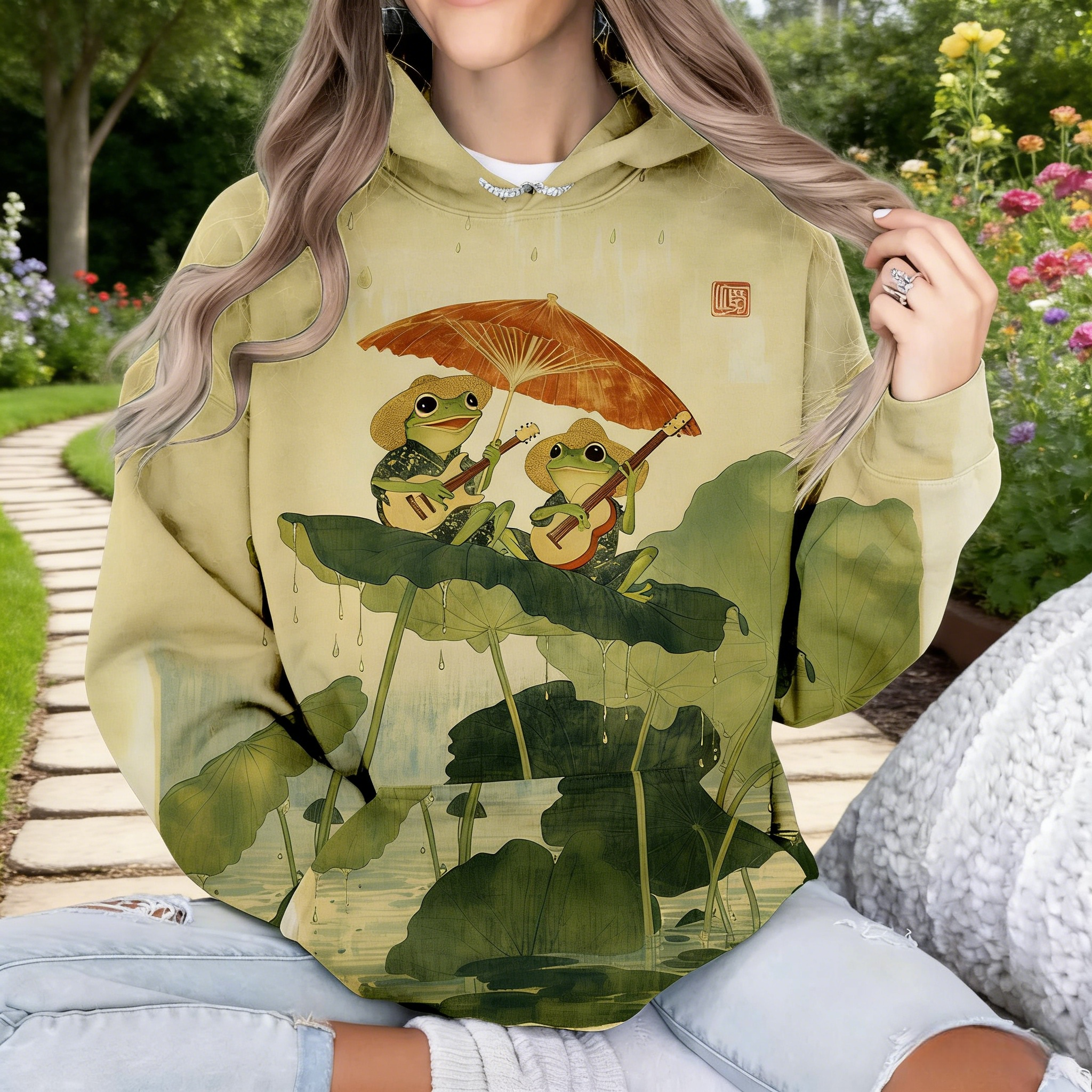 Oversize Hoodie Damen Olivgrün: Stylischer Kapuzenpullover mit Japan-Print, Musizierende Frösche im Ukiyo-e Stil, Casual Sweatshirt, Ganzjährig S-5XL
