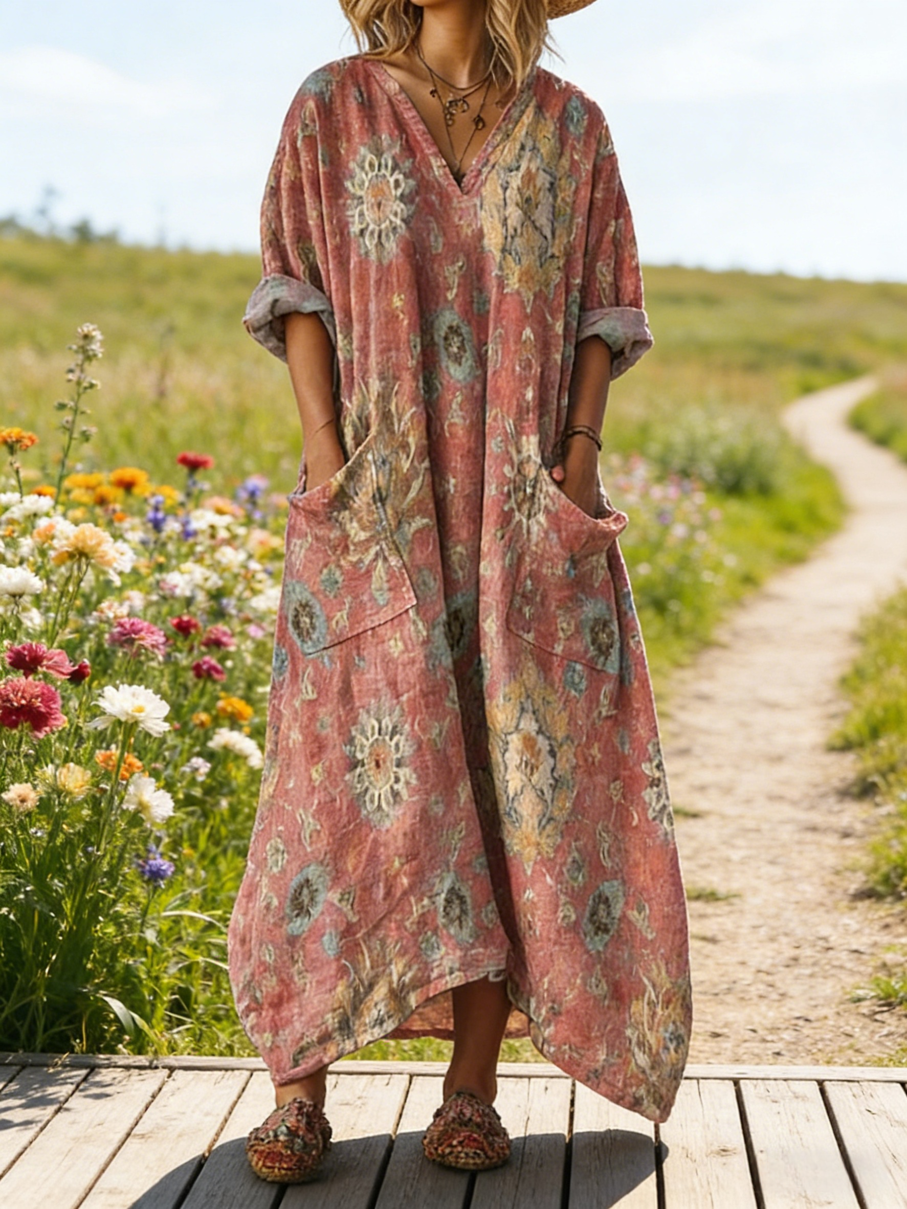 Damen Boho-Maxikleid im Vintage-Stil Rostrot: Ethno-Blumenmuster & Mandala-Art, V-Ausschnitt & Praktische Taschen, Bequeme Passform, Ganzjährig S-5XL