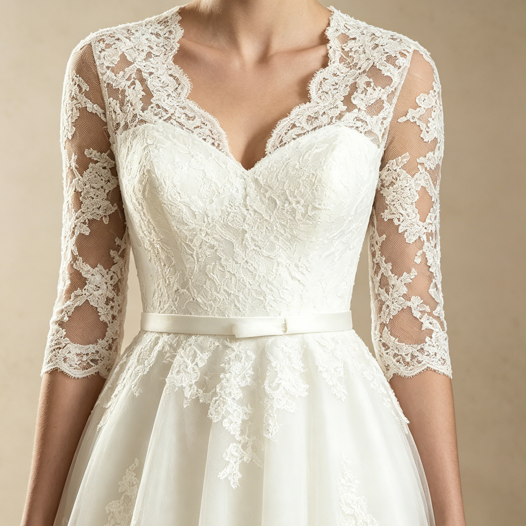 Elegantes Midi-Festkleid in A-Linie | Weißes Kleid mit Spitzenoberteil und V-Ausschnitt