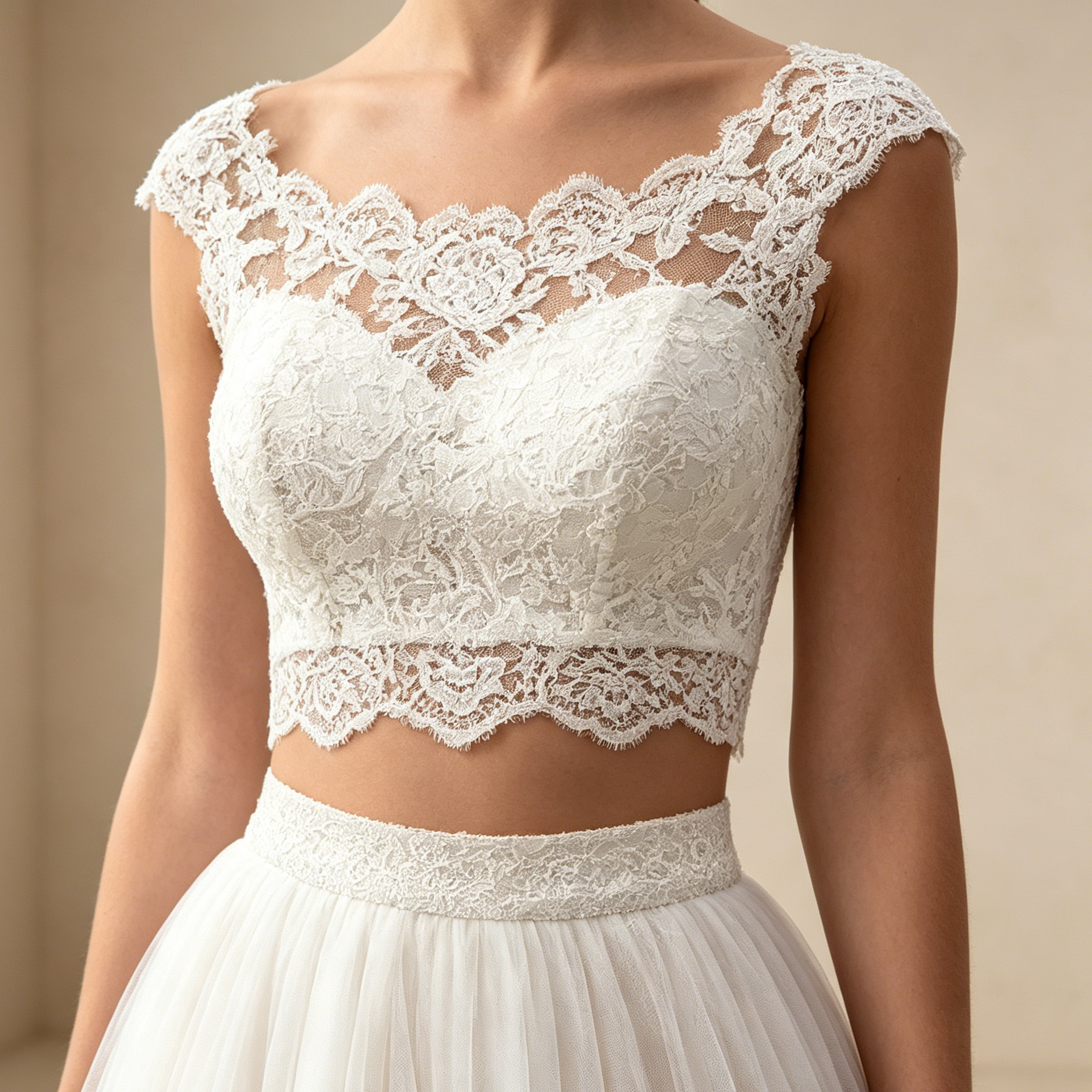 Elegantes Zweiteiler Abendkleid Weiß | Spitzen Crop Top mit Illusion-Ausschnitt und Voluminöser Soft-Tüllrock Bodenlang