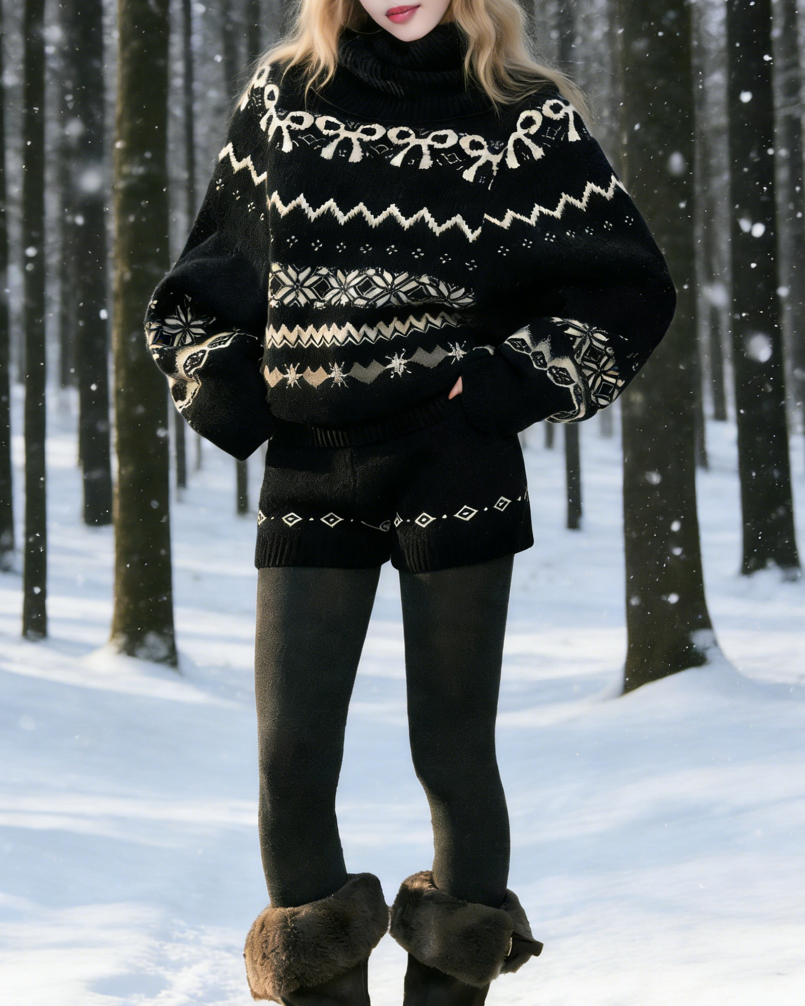 Vintage Damen Fair-Isle Strickpullover: Extra Dicker Rollkragen & Grobstrick Größe S-L