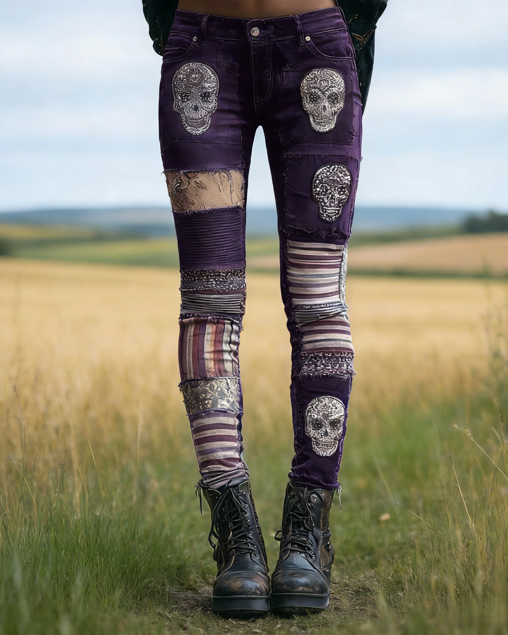 Gothic Leggings Dunkellila: 3D-Druck Totenkopf, Patchwork-Optik, Shaping S-5XL