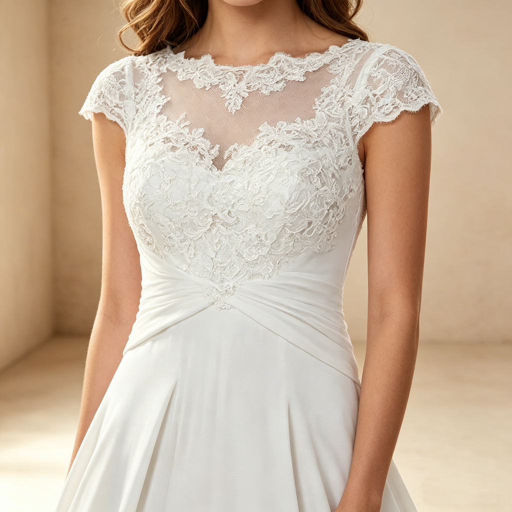 Elegantes Midi Abendkleid Weiß in A-Linie | Chiffonrock Knielang mit Feiner Spitzenstickerei und Klassischen Cap-Ärmeln