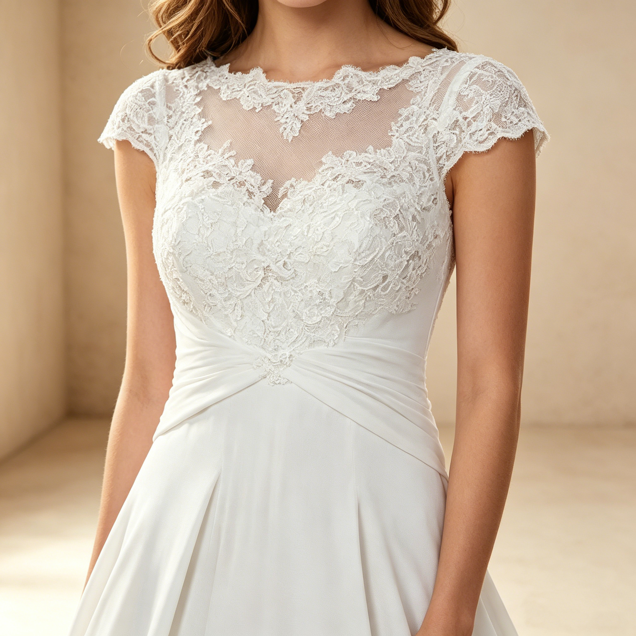 Elegantes Midi Abendkleid Weiß in A-Linie | Chiffonrock Knielang mit Feiner Spitzenstickerei und Klassischen Cap-Ärmeln