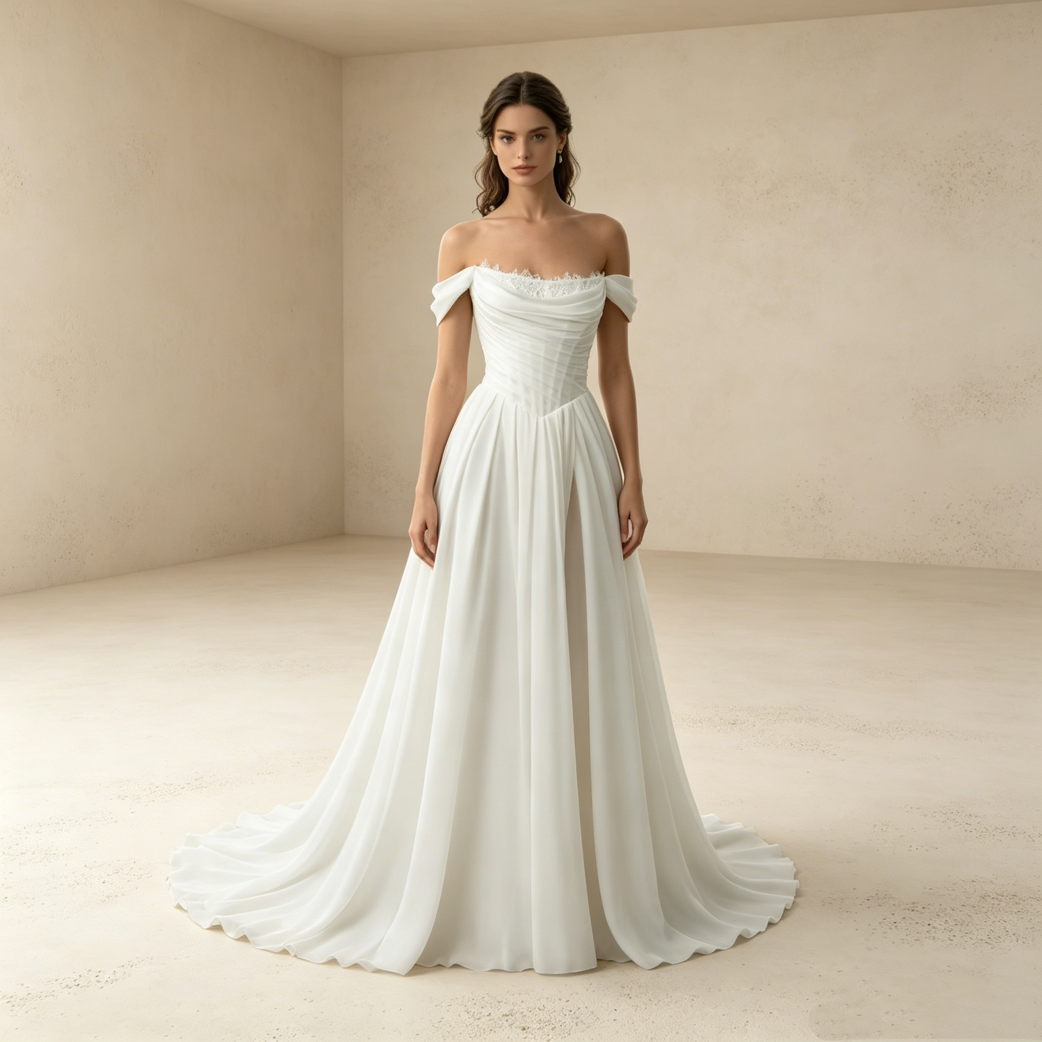 Elegantes Off-Shoulder Abendkleid weiß mit Spitze | Chiffon Gala-Kleid