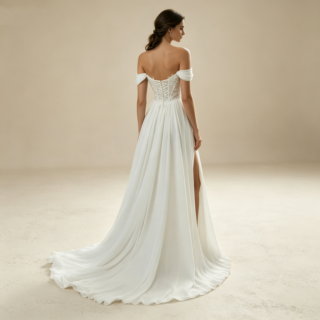 Elegantes Off-Shoulder Abendkleid weiß mit Spitze | Chiffon Gala-Kleid
