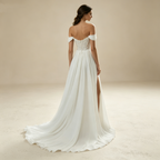 Elegantes Off-Shoulder Abendkleid weiß mit Spitze | Chiffon Gala-Kleid