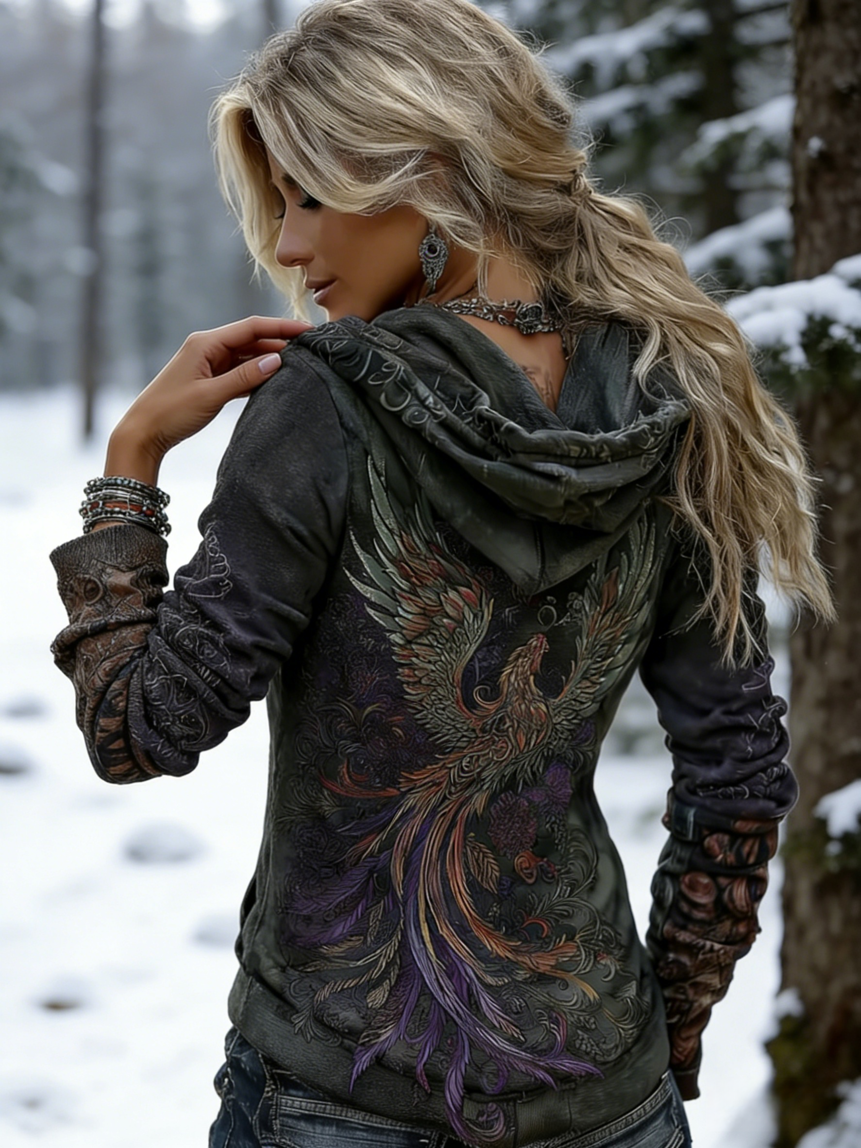 Damen Wikinger-Mythologie Phönix Stickerei Bequeme Wärme V-Ausschnitt Kapuzenpullover Size S-5XL