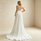 Elegantes A-Linien Abendkleid Weiß Bodenlang | Ärmellos Maxikleid mit Illusion-Ausschnitt, Feiner Spitzenstickerei und Fließendem Rock